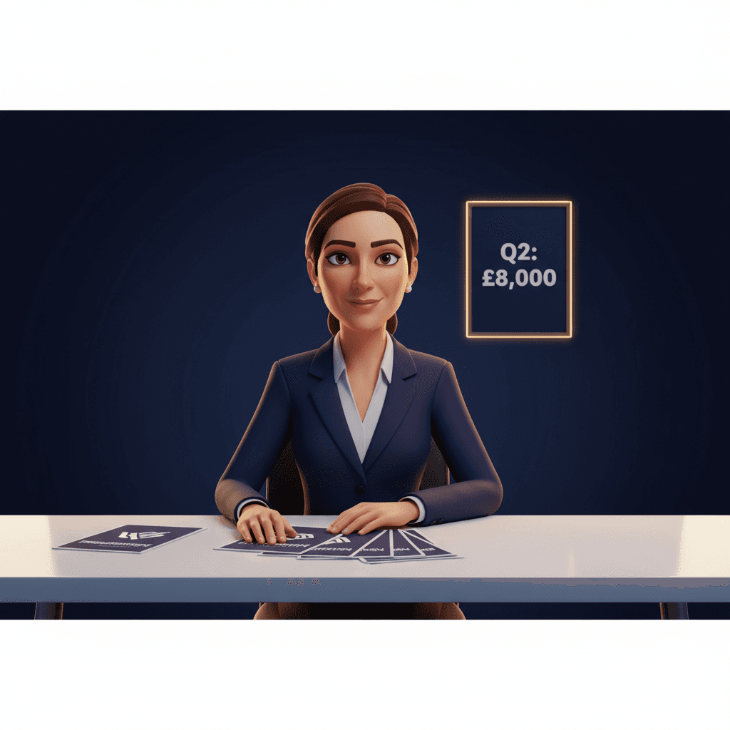 Miss Y at a glossy sales desk with brochures fanned out and a commission target poster behind her.